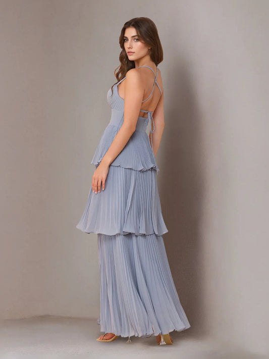 Blue sleeveless A-line tiered ruffle maxi chiffon dress with pleated layers