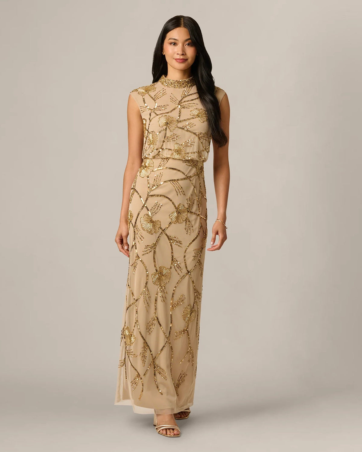 Gold embellished spaghetti-strap A-line maxi dress, full front view with beaded florals