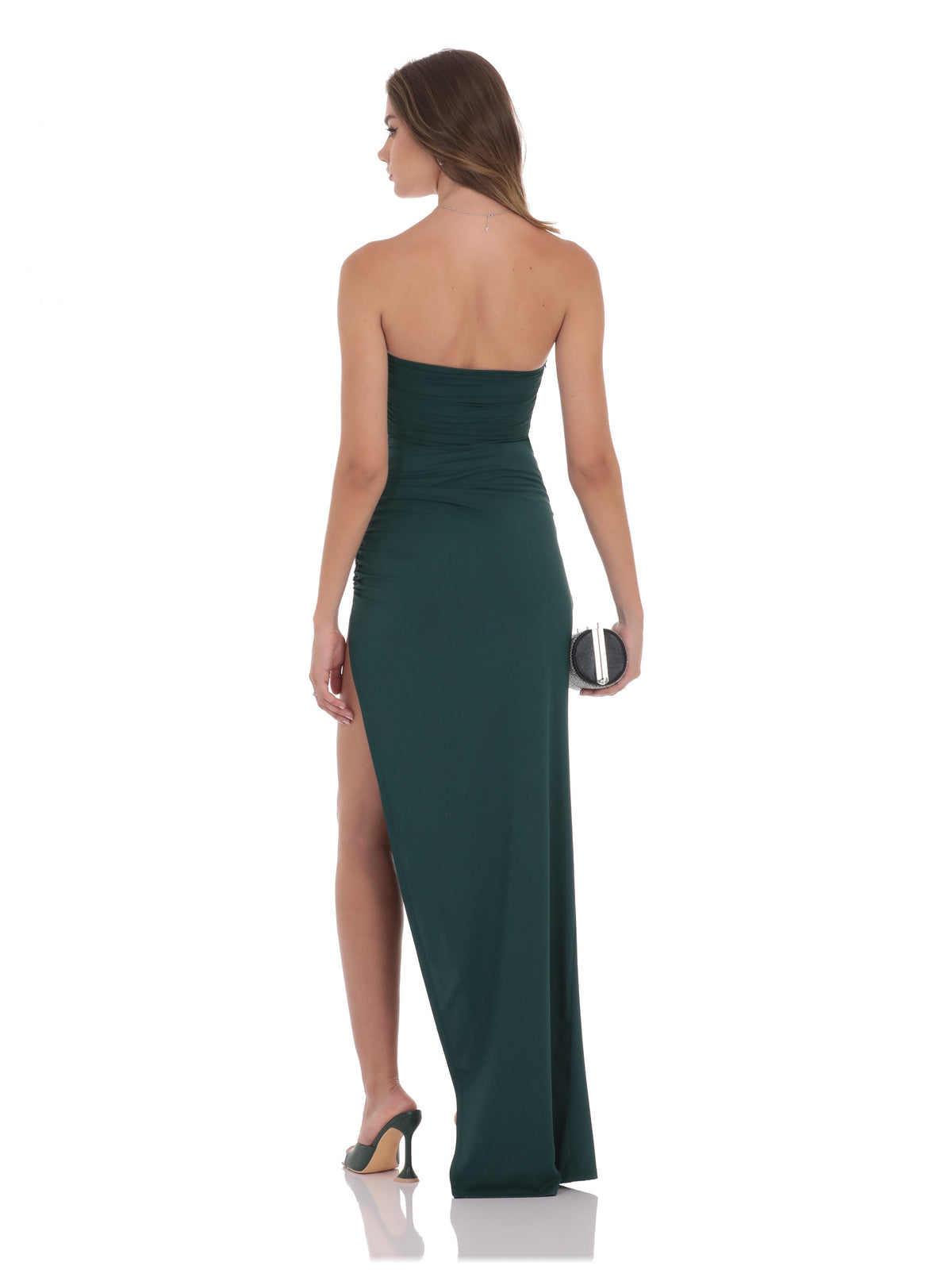 Green bridesmaid dress with strapless neckline