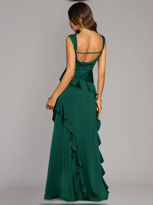 Dark green satin A-line maxi dress, square back and ruffled draped skirt