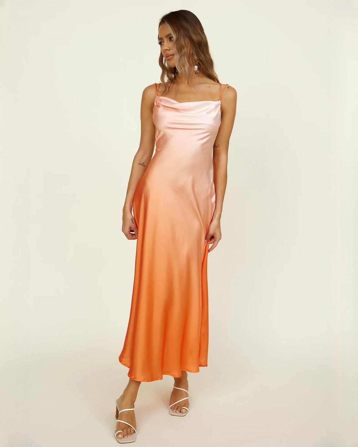 Peach orange satin A-line maxi dress, sleeveless with pleated sweetheart neckline