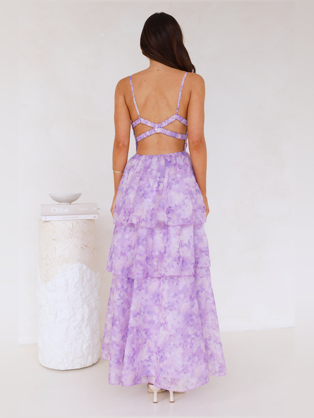 Lilac a-line maxi formal dress with floral print, full-length back view