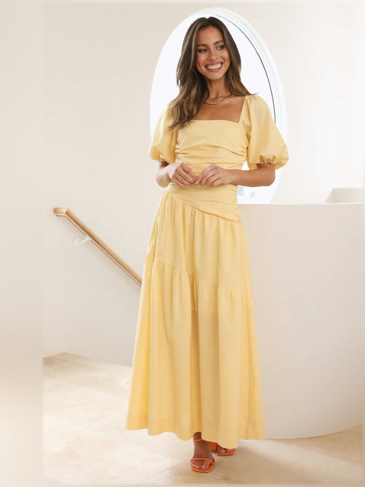 Yellow midi formal dress with square neckline, gathered bodice, puff sleeves