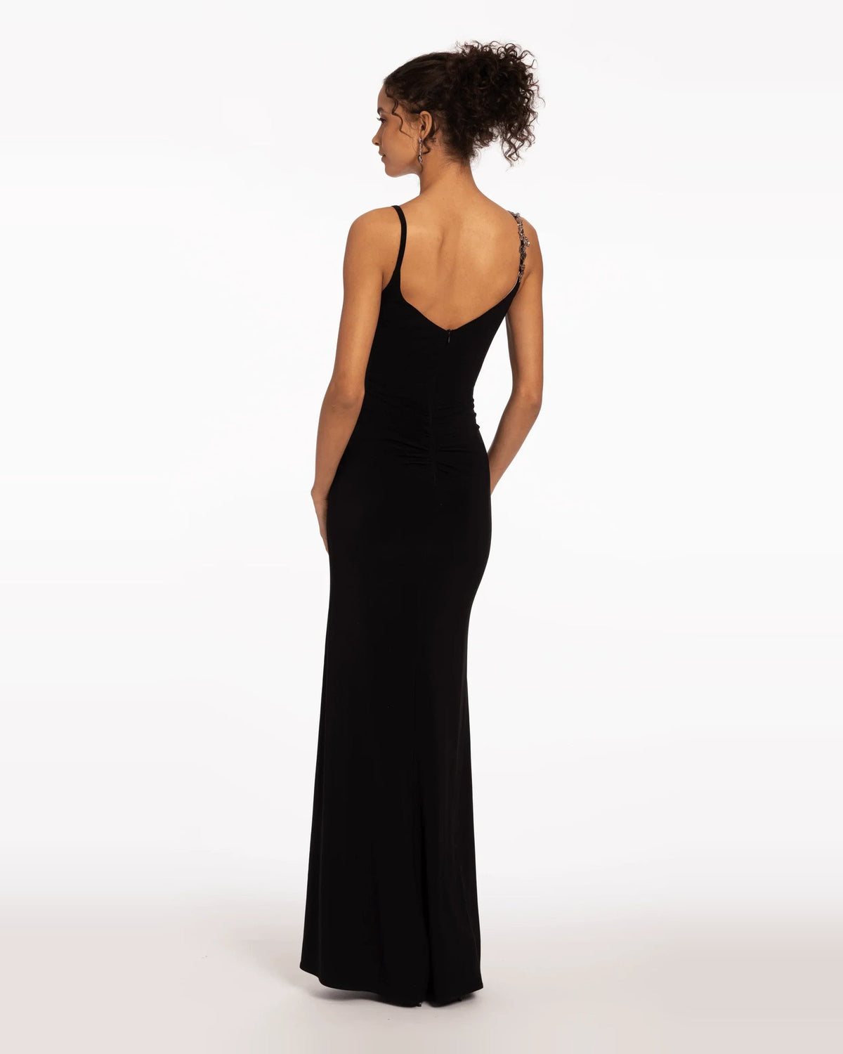 Black A-line maxi prom dress, low back and thin straps