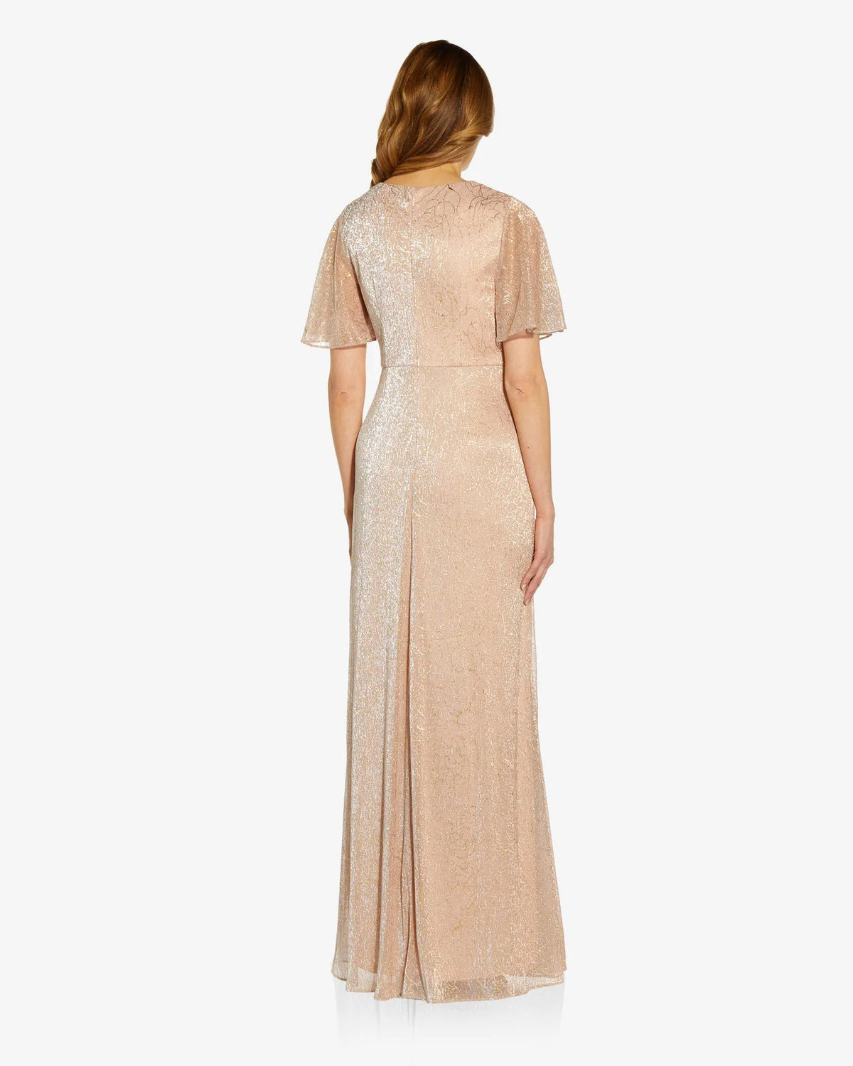 Pink sequin V-back fit-and-flare gown with short flutter sleeves, floor length