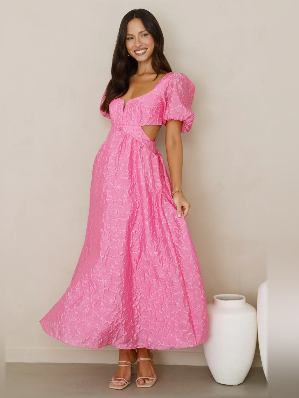 Fuchsia midi formal dress with puff sleeves and cinched waist