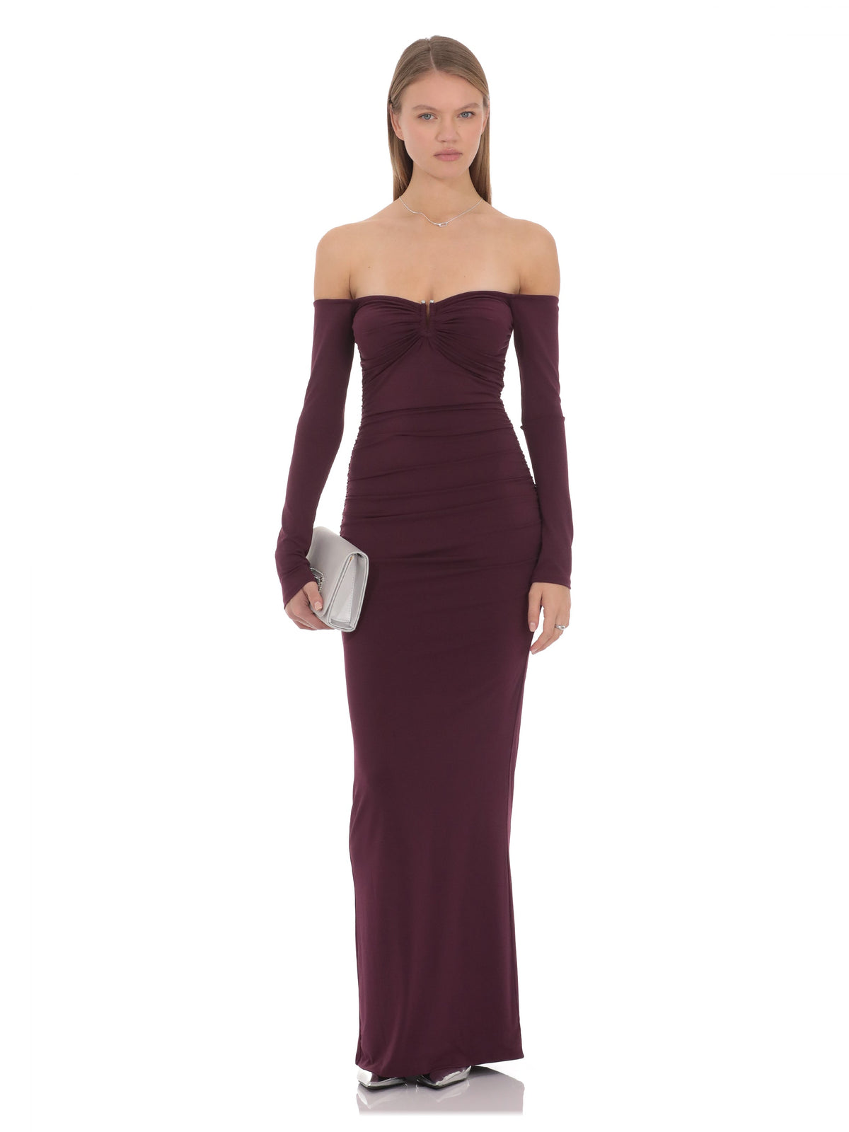 Burgundy bridesmaid dress with off shoulder neckline