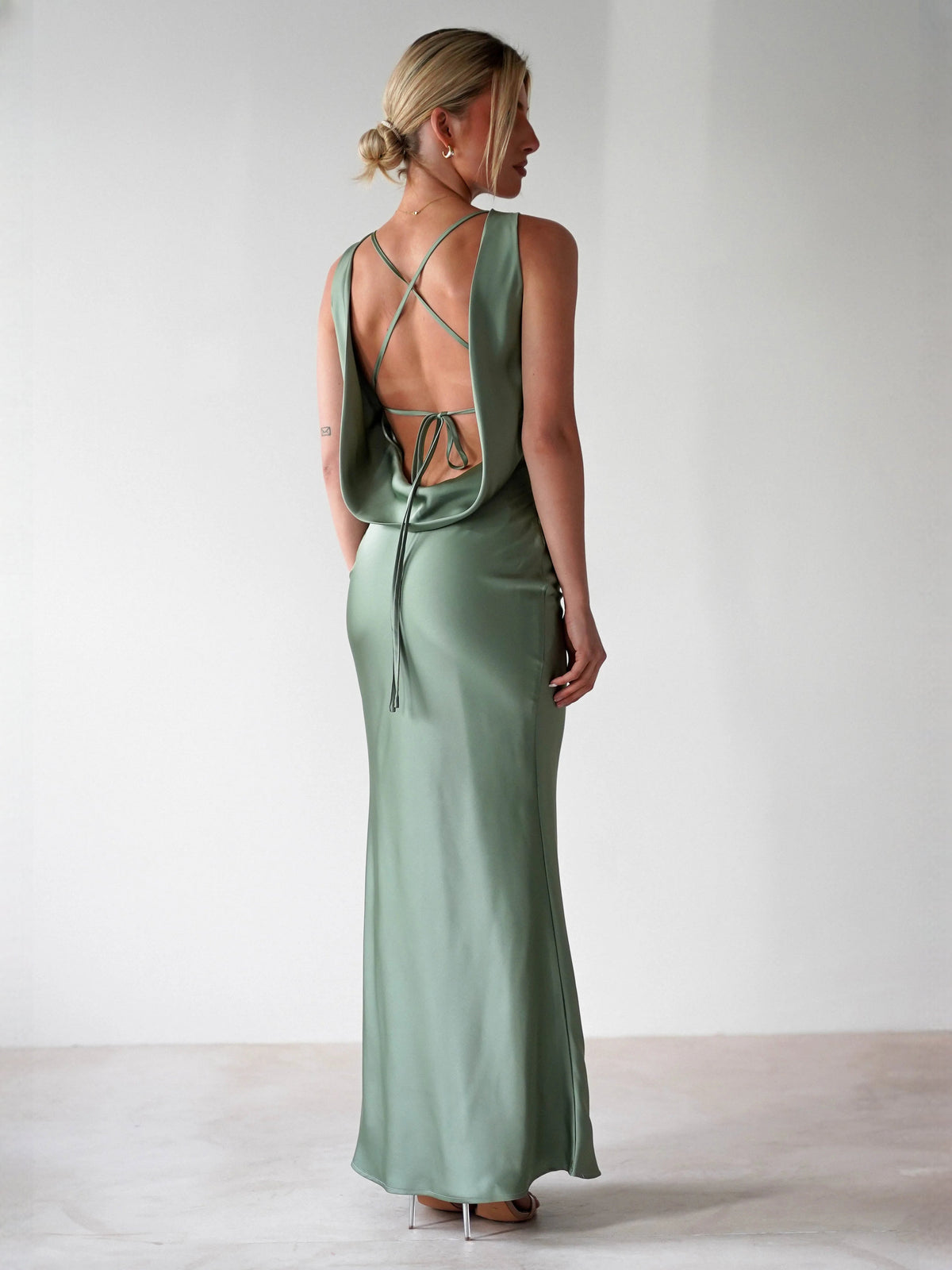Olive sheath maxi formal dress with open back, full-length back view