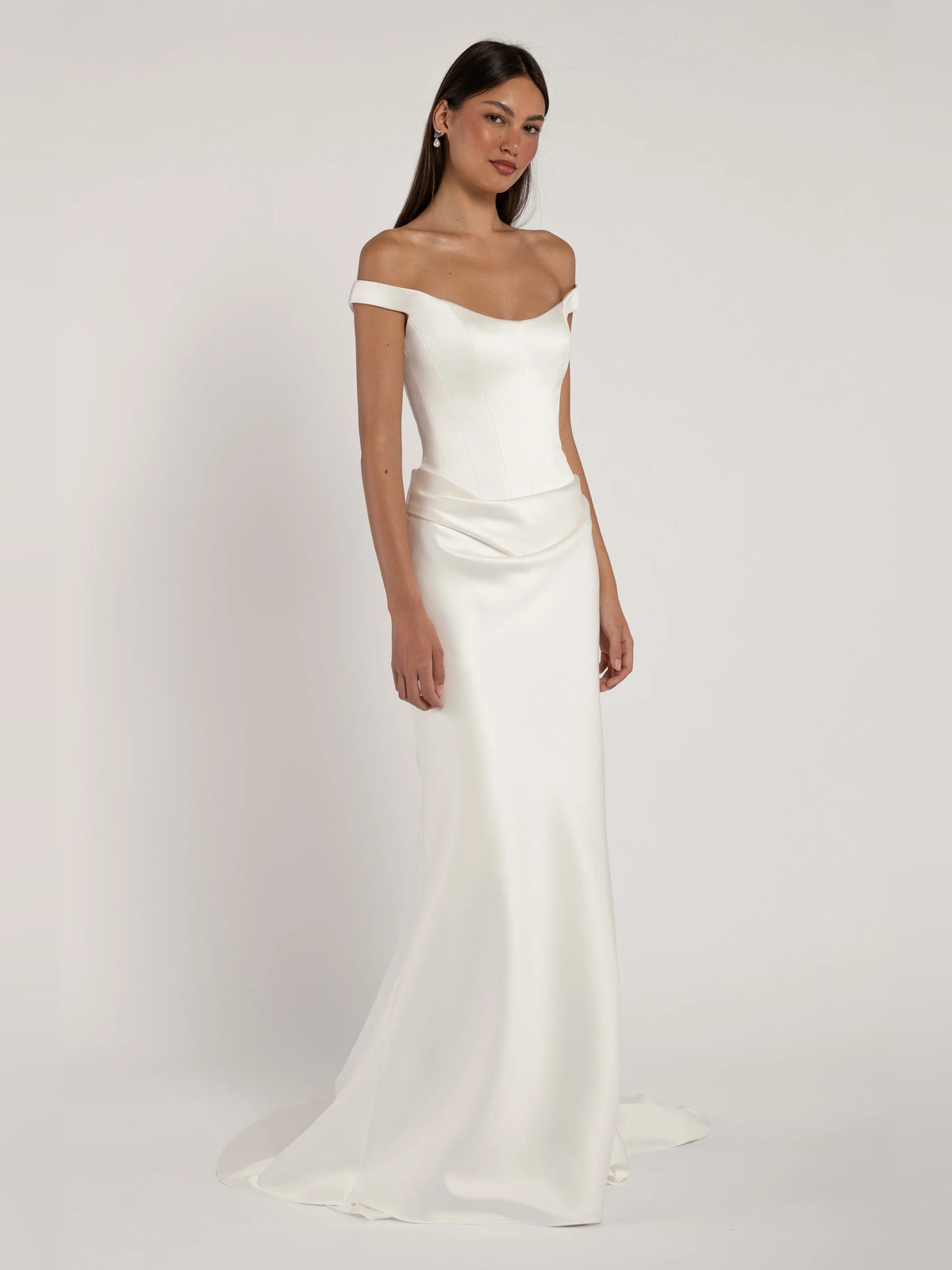 Ivory off-shoulder A-line satin gown, floor-length with draped bodice