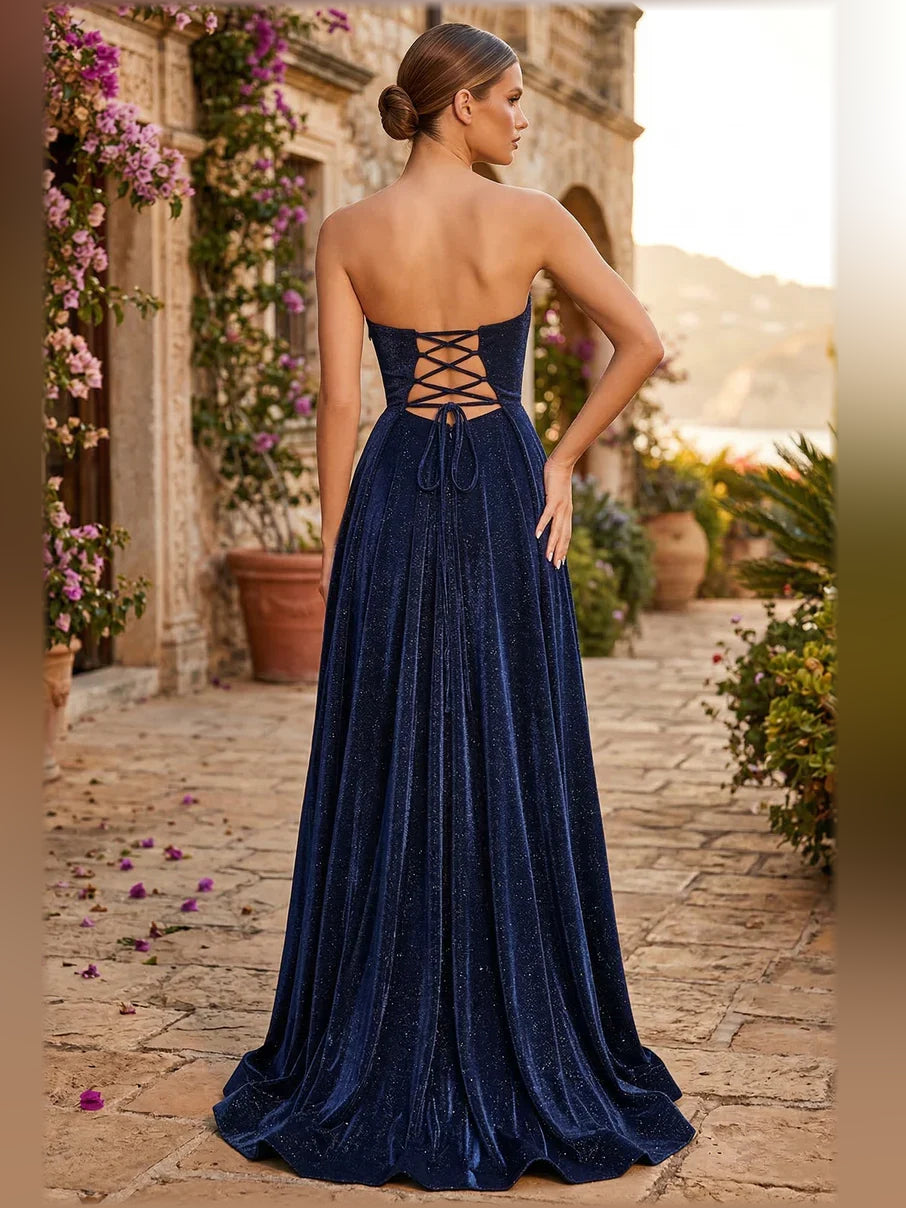 Dark navy backless strapless formal dress with crisscross lace-up back, long skirt