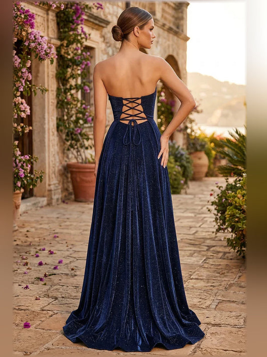 Dark navy backless strapless formal dress with crisscross lace-up back, long skirt