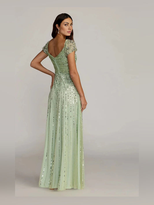 Mint green formal dress with sweetheart neckline and beaded bodice, floor length