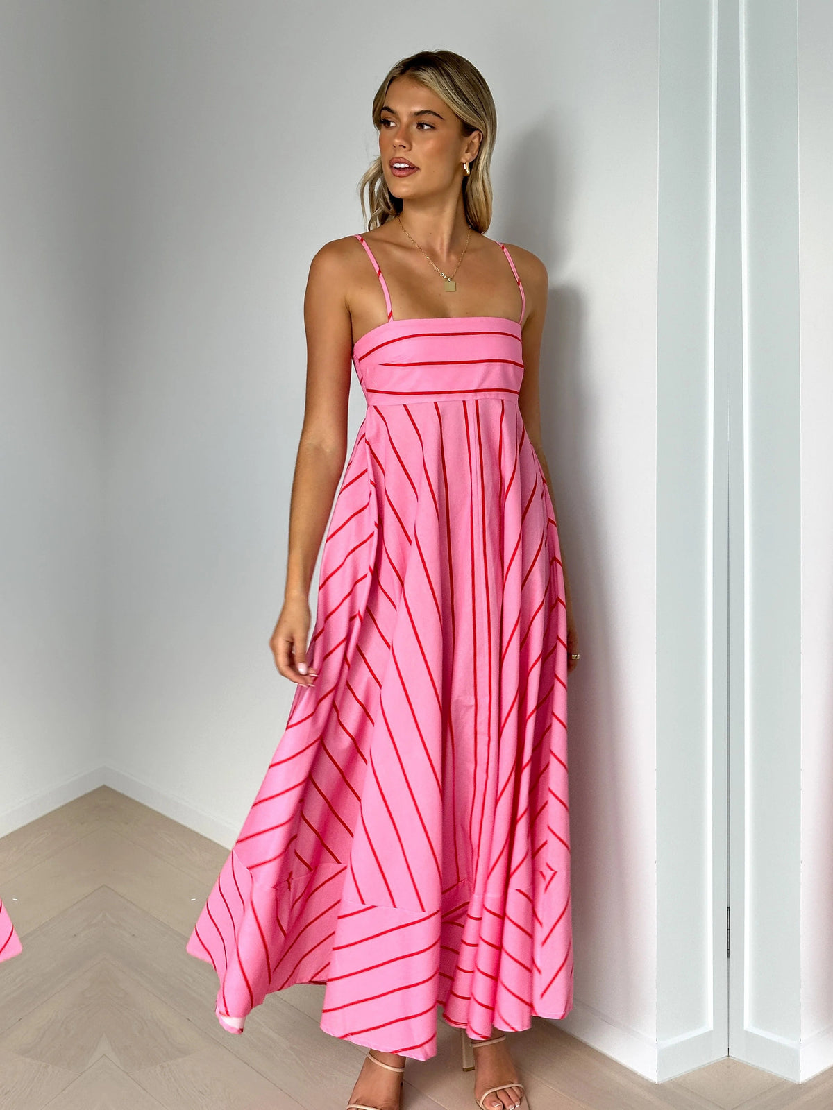 Pink a-line maxi formal dress with printed pattern, alternate view