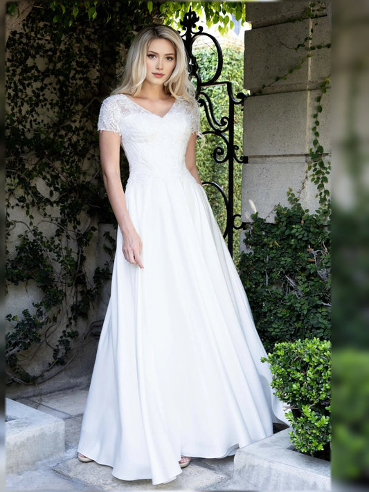 White V-neck A-line mother-of-the-bride dress with short lace sleeves and side slit