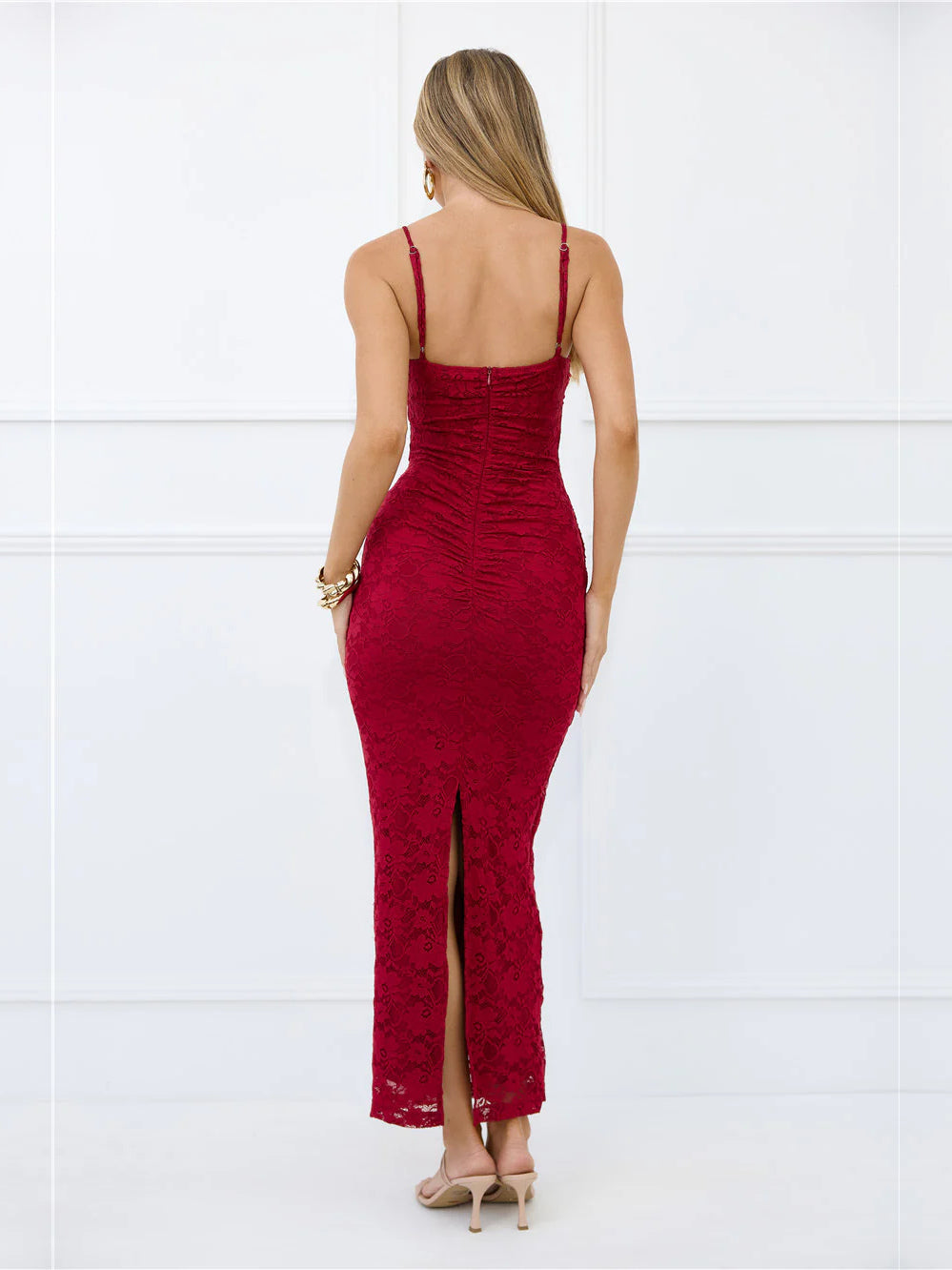Burgundy sheath maxi formal dress with sheath, full-length back view