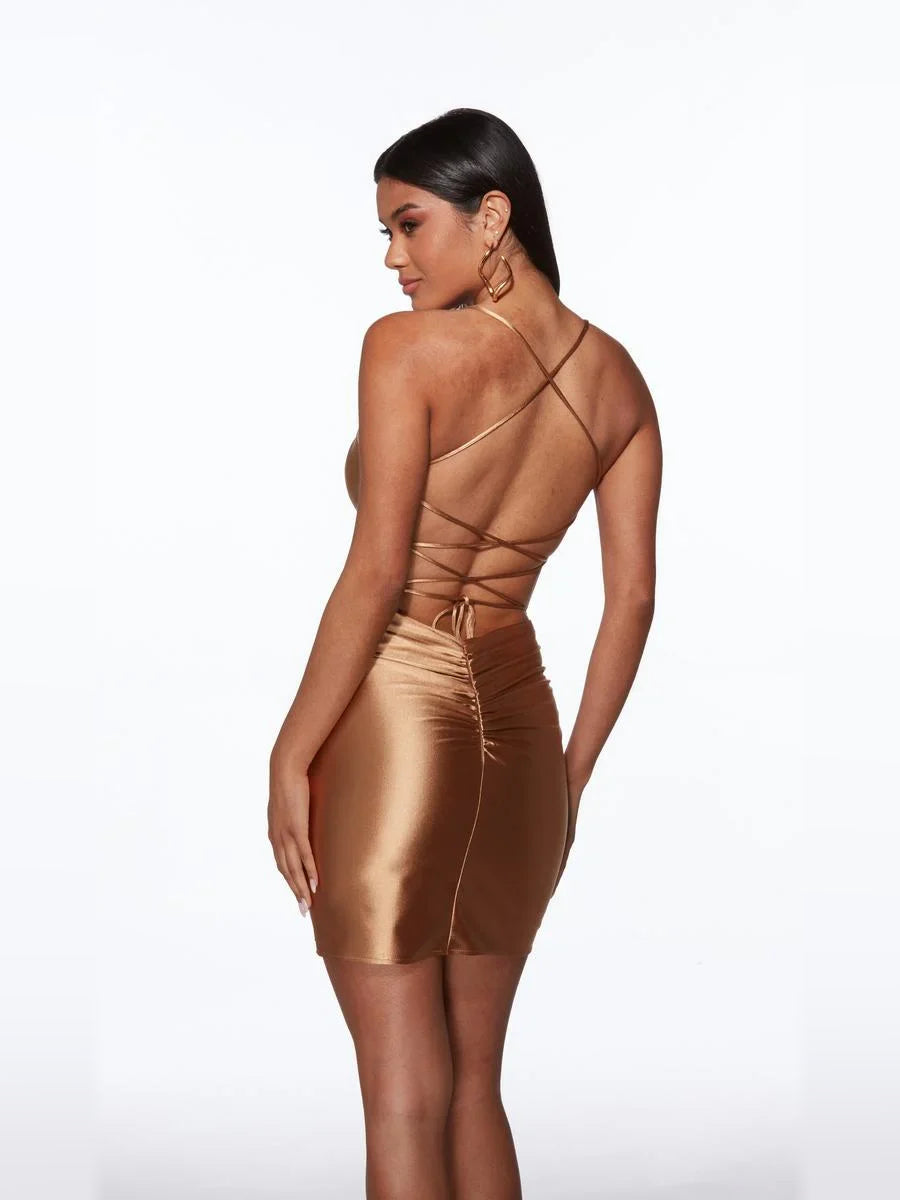 Gold satin bodycon mini dress, crisscross back and lace-up straps