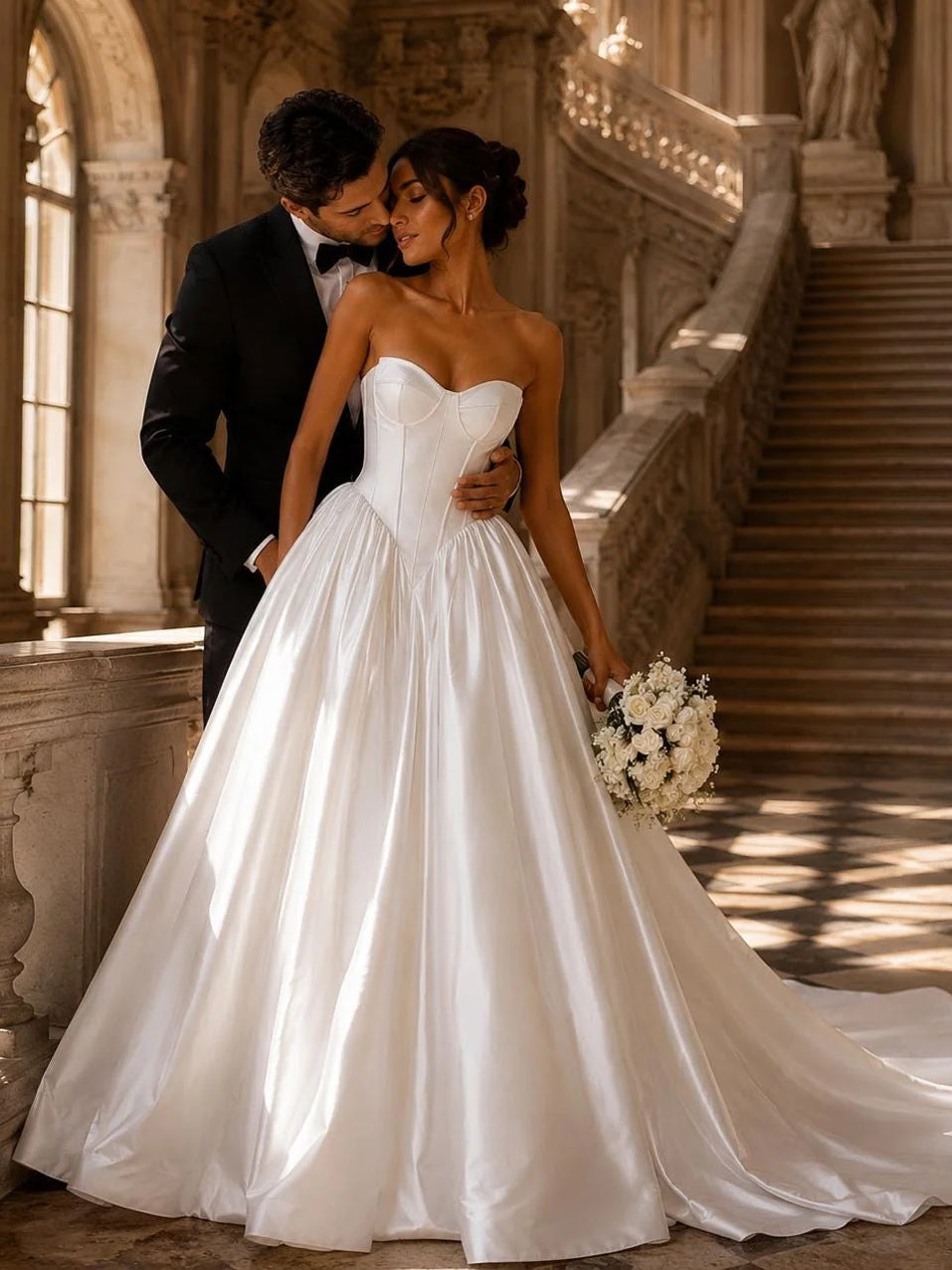 Ivory satin strapless corset sweetheart wedding gown with gathered pleated skirt, full length