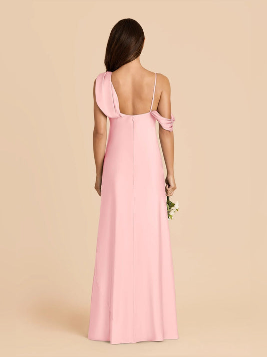 One-shoulder satin formal dress in pink, open back with draped shoulder detail