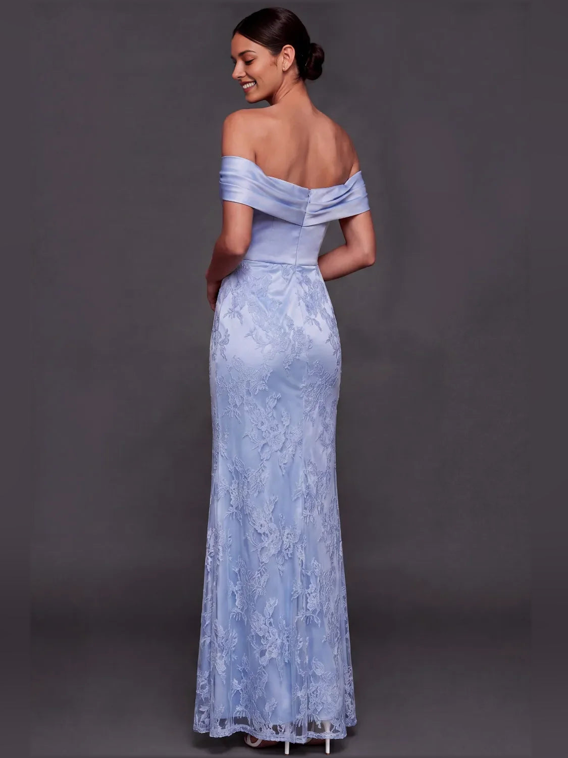Light blue off-shoulder mermaid satin gown with draped bodice and floor-length lace overlay