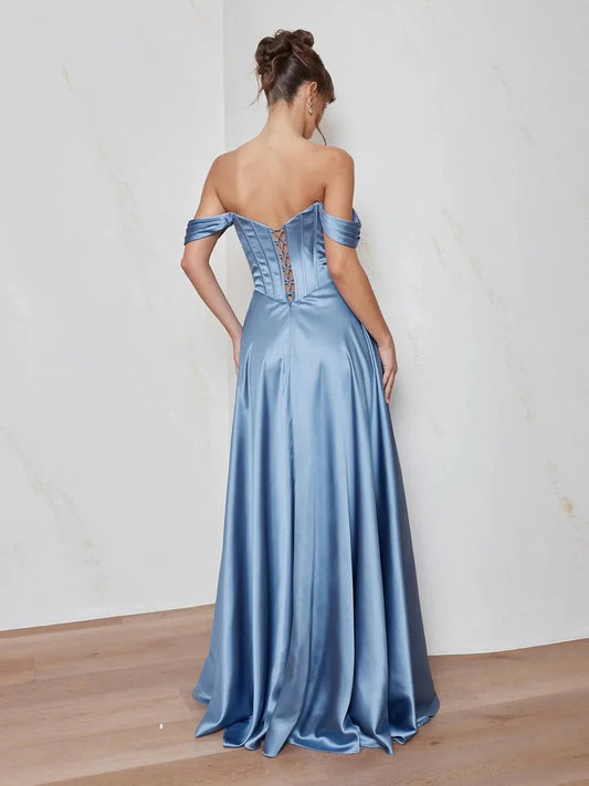 Steel blue off-shoulder corset formal dress, open back with beaded lace-up detail