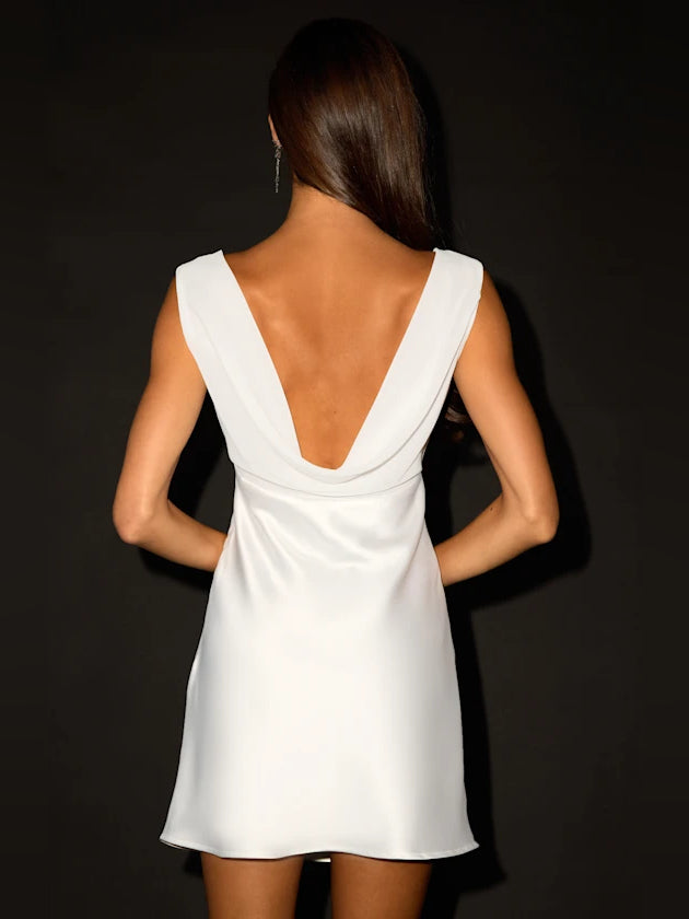 White satin mini dress with open back scoop and sleeveless V-neck front