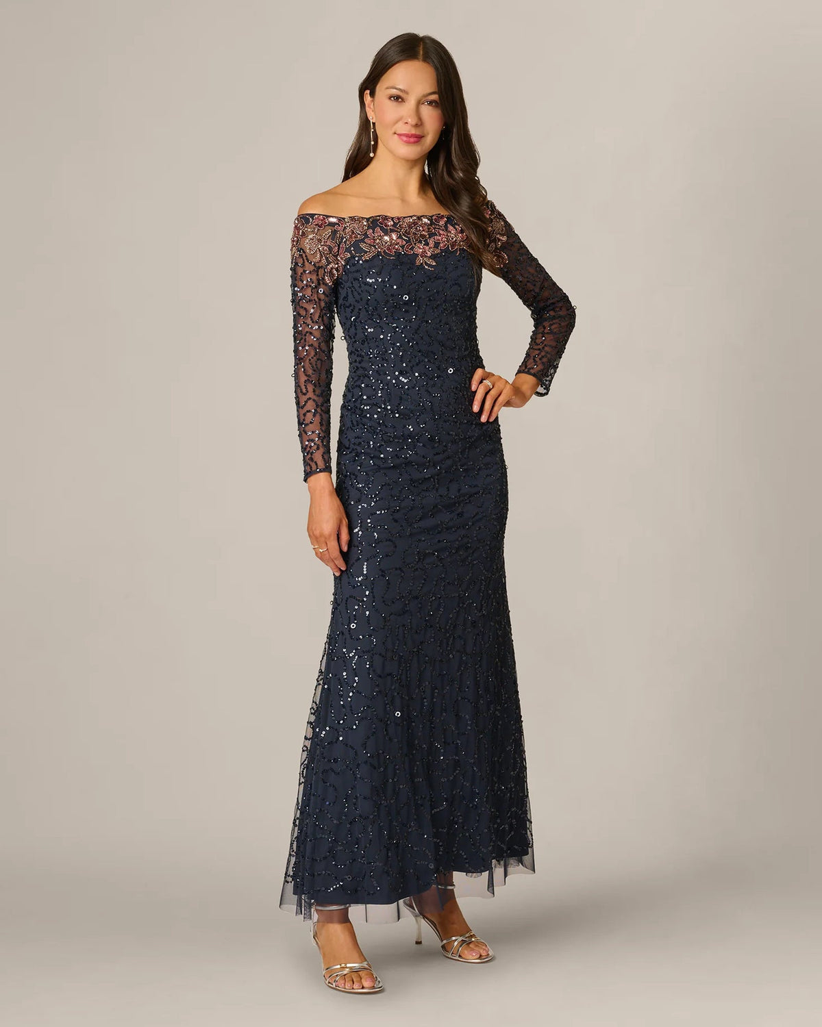 Navy off-shoulder A-line maxi dress with floral lace sleeves and sparkly sequin bodice