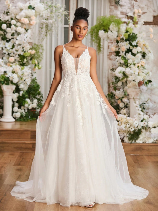 Ivory sleeveless V-neck A-line wedding dress with embroidered lace bodice and tulle skirt