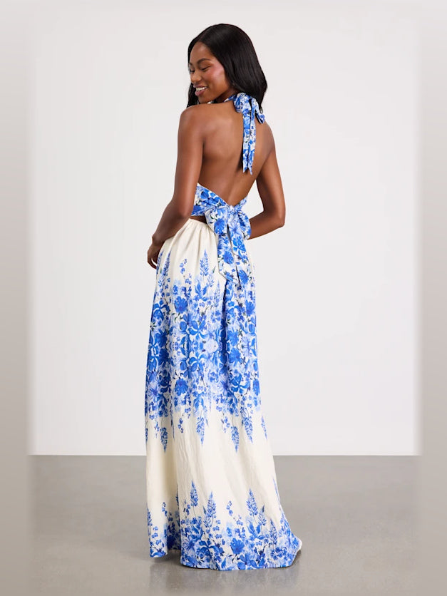 Blue Floral maxi formal dress, back full-length view showing the bodice