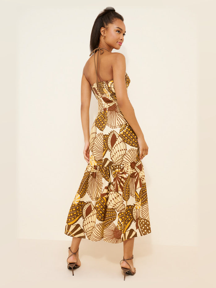 Brown Tropical Print midi formal dress, back full-length view showing the bodice