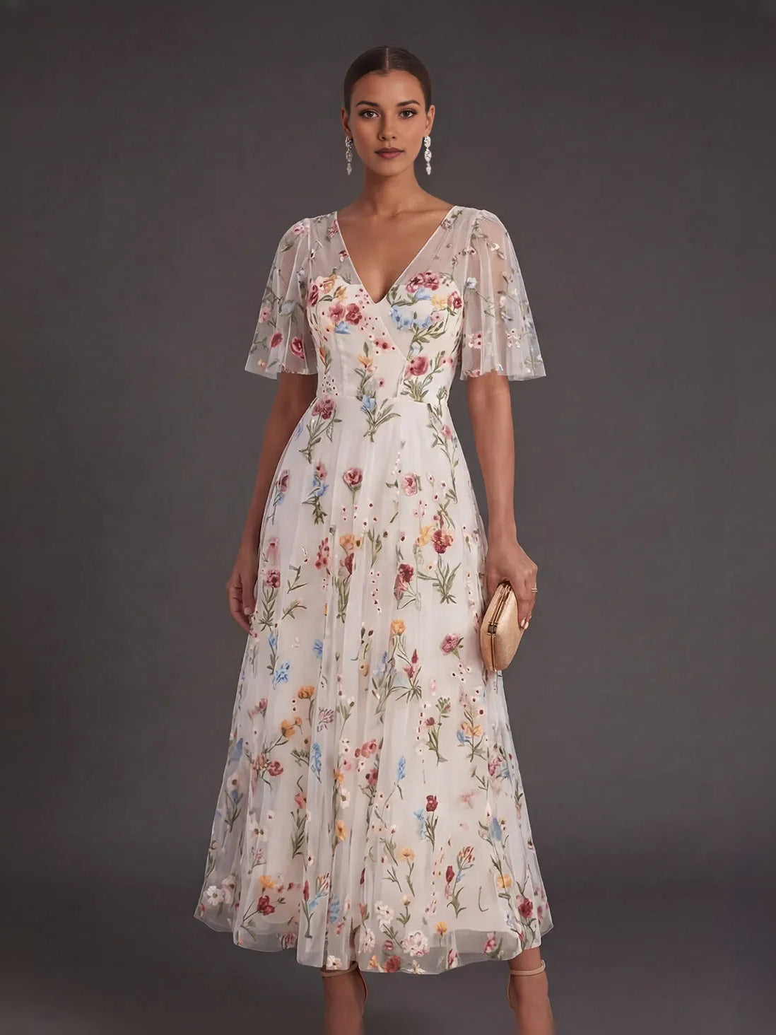 Ivory floral embroidered tulle prom dress with V-neck, flutter sleeves, tea-length A-line