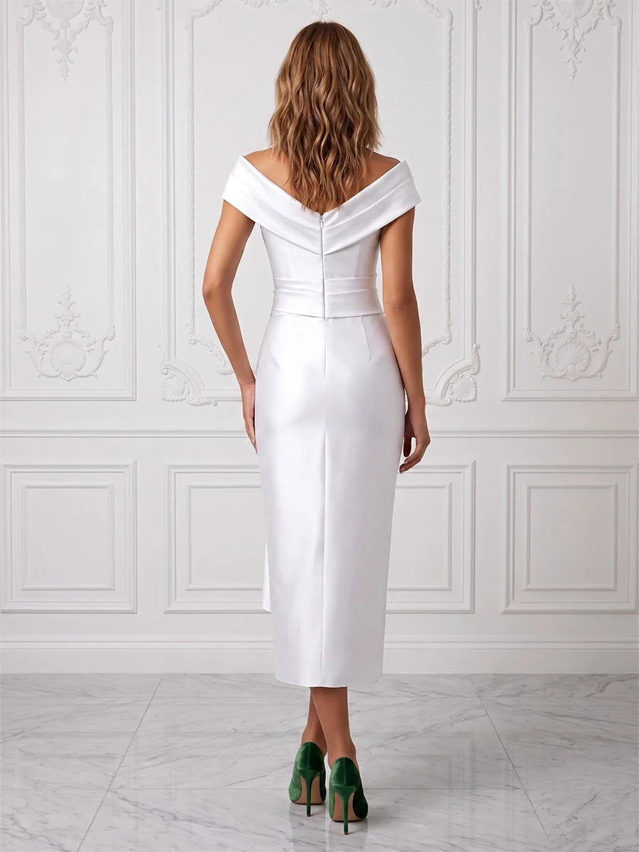 White satin sheath midi dress with off-shoulder back and draped detail
