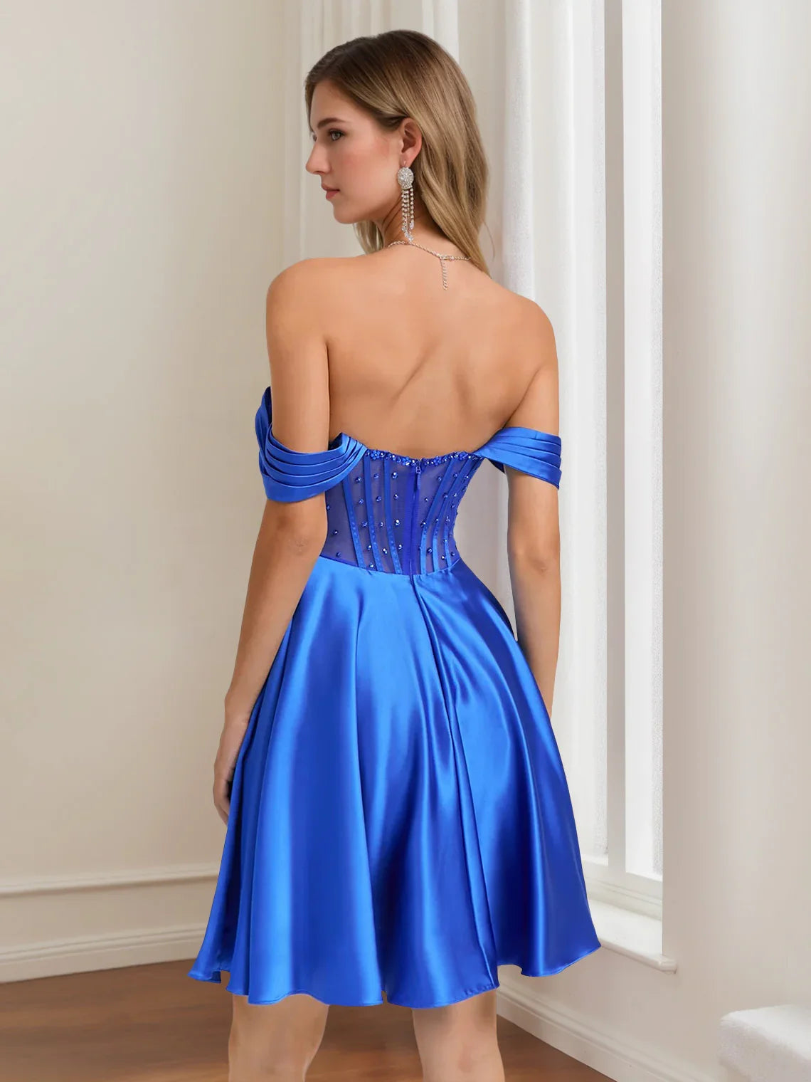 Cobalt blue off-shoulder satin A-line dress with off-shoulder sleeves and corset back