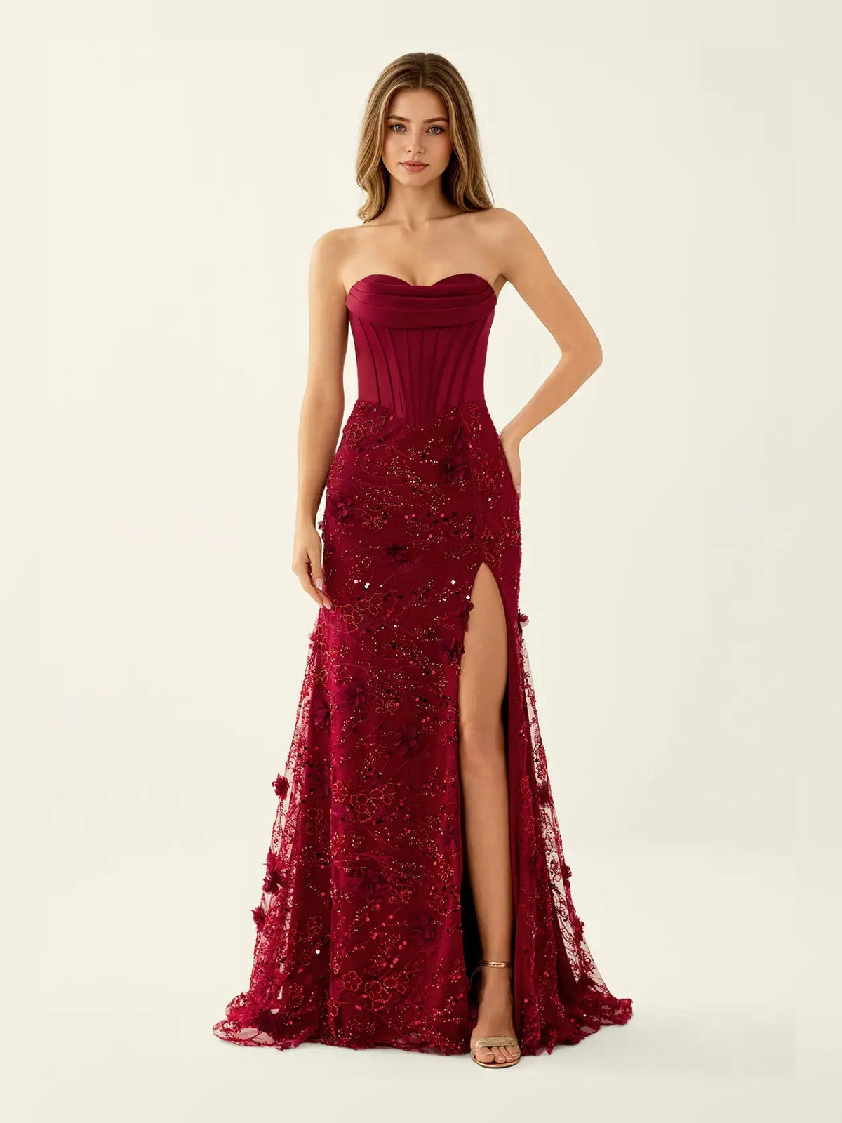 Burgundy strapless corset-style mermaid maxi prom dress with side slit and floral lace