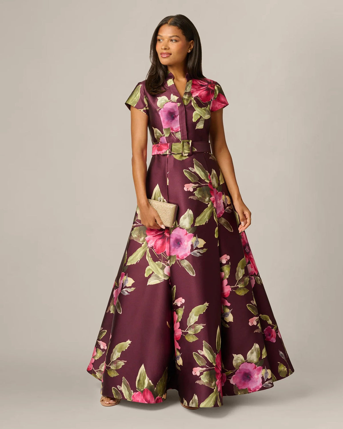 Burgundy floral A-line maxi dress with short sleeves, V-neck, and waist belt
