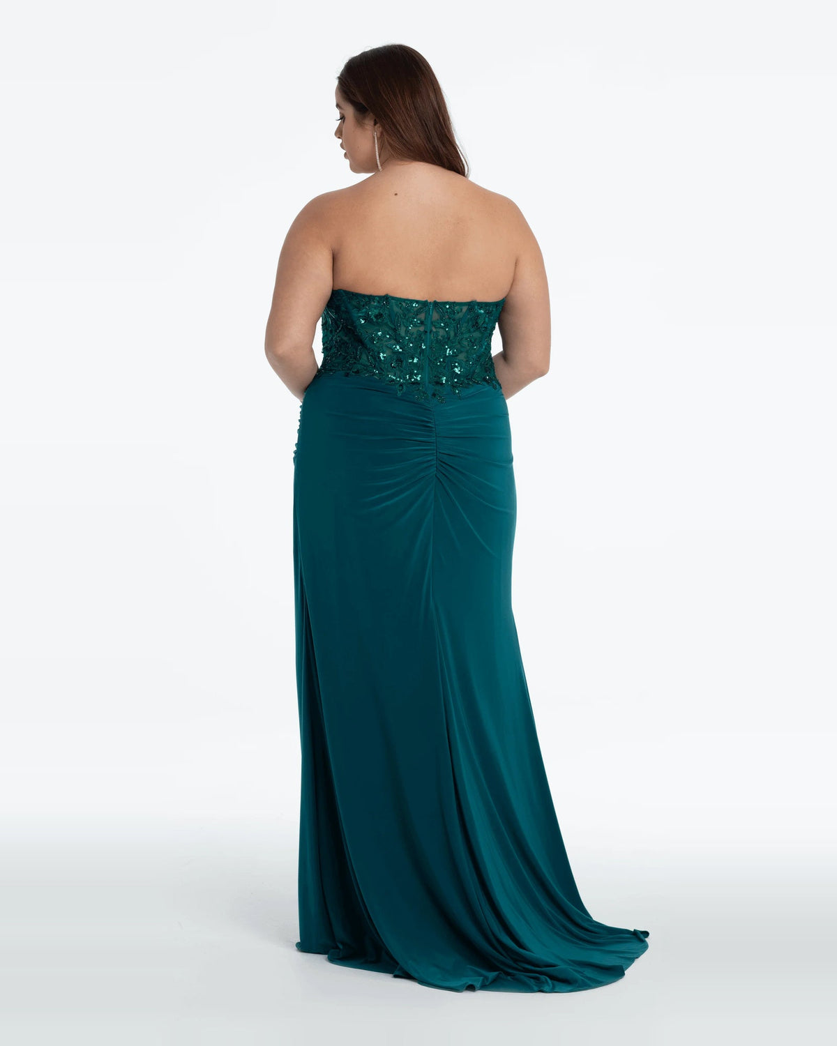 Back view green strapless corset maxi prom dress with draped column skirt
