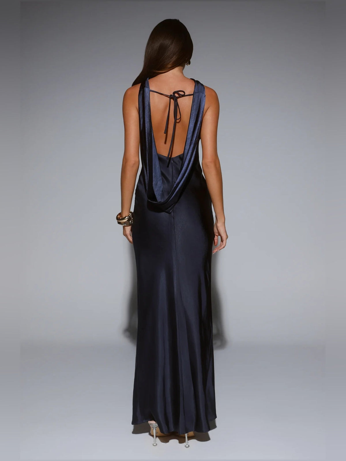 Navy sheath maxi formal dress with open back, full-length back view