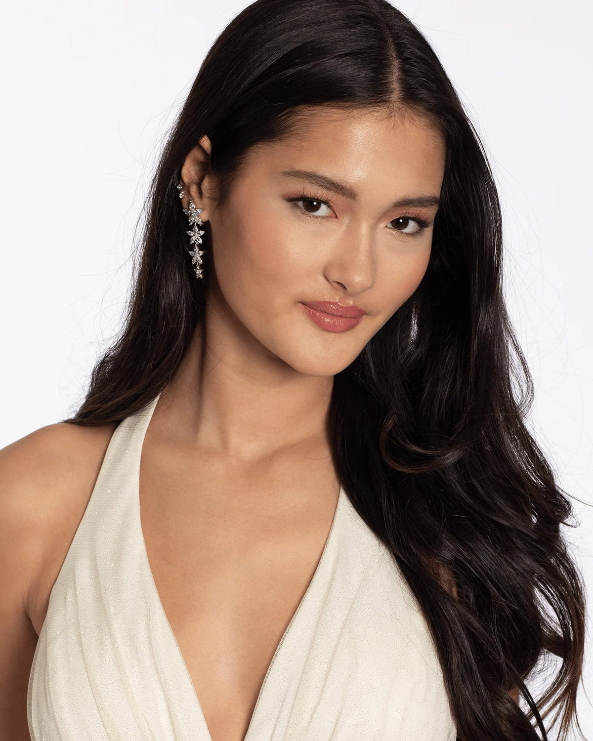 Ivory halter neckline dress with embroidered detail and deep V bust