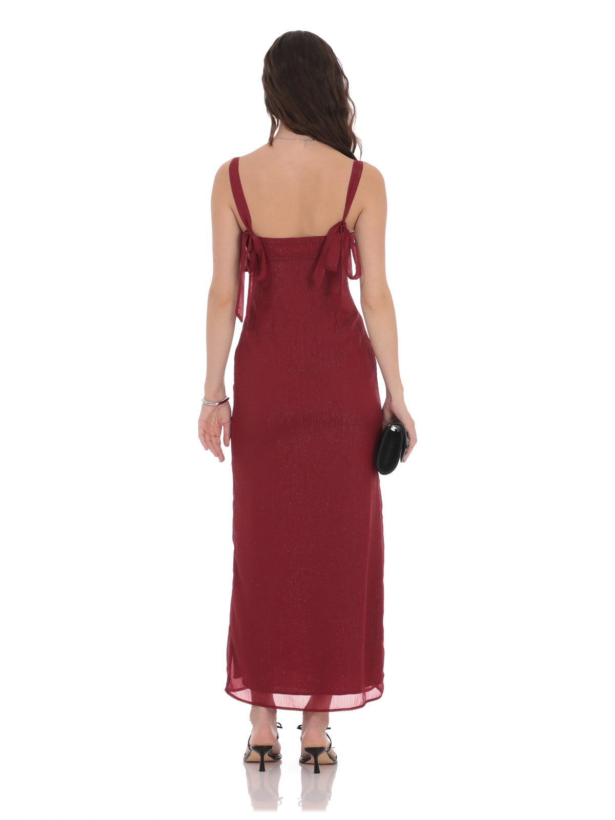Maroon bridesmaid dress with empire-waist silhouette