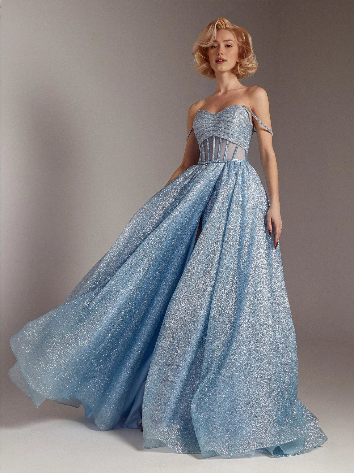 Light blue glitter corset off-shoulder prom dress with A-line skirt, floor length