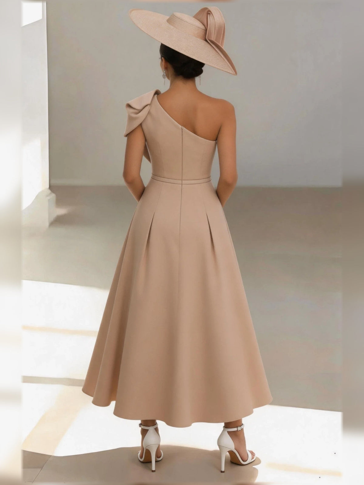 Champagne one-shoulder satin A-line midi dress, sleeveless back view with bow detail