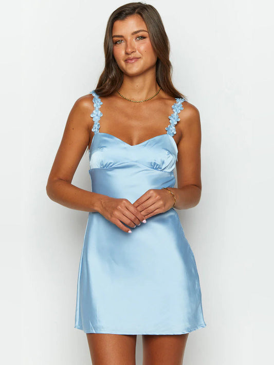 Sky-blue satin homecoming dress with lace-trim straps and fitted bodice
