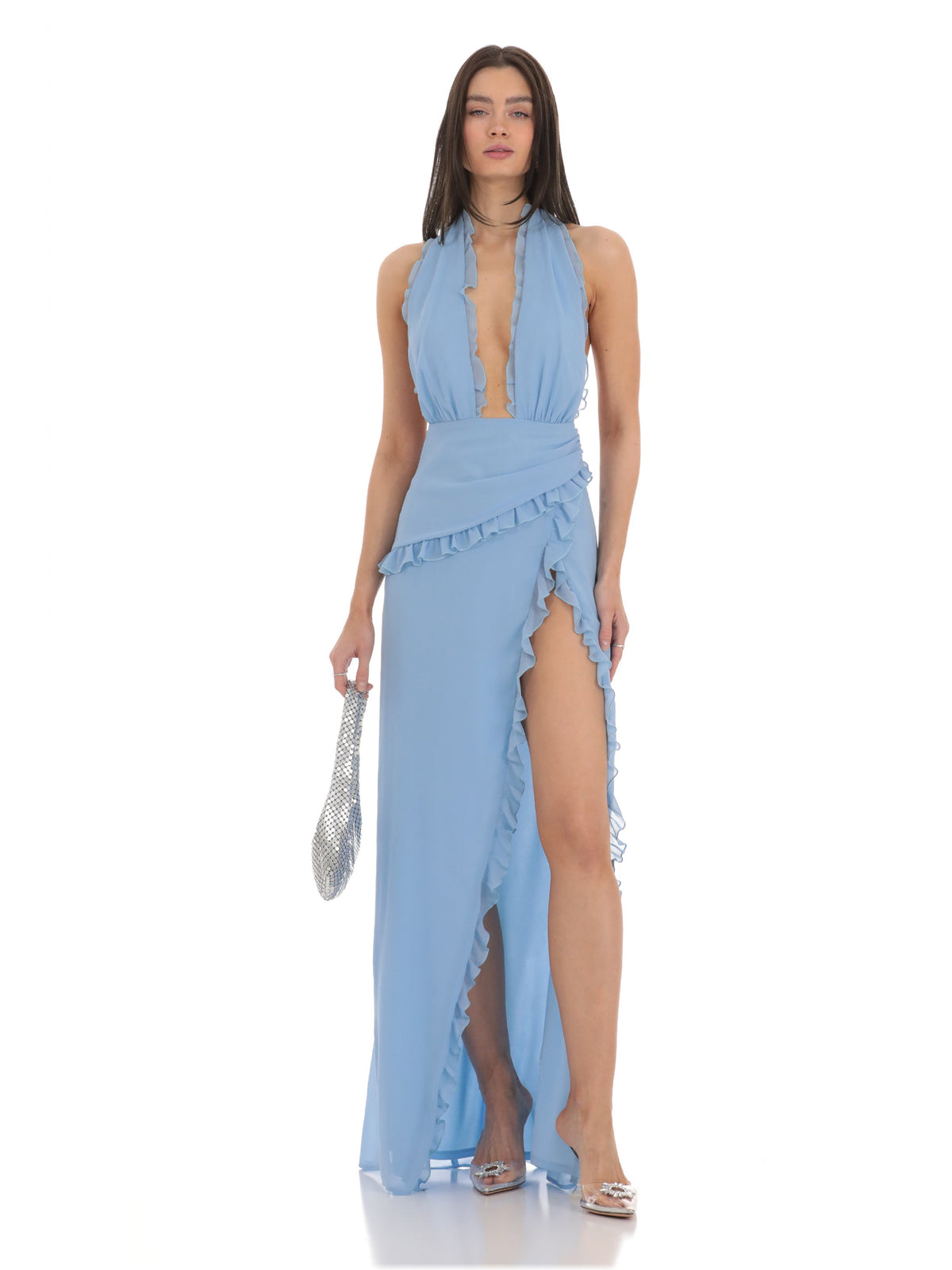 Blue bridesmaid dress with halter neck neckline