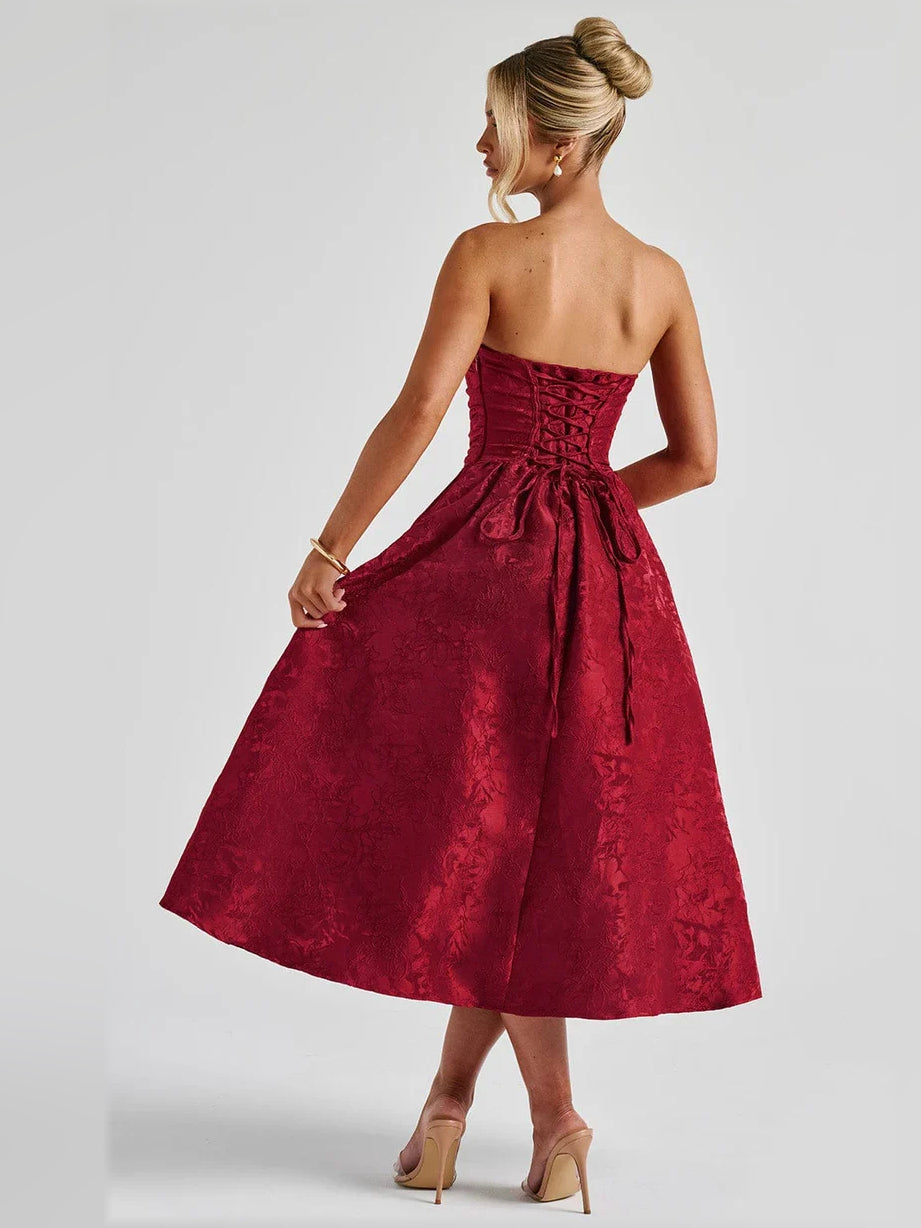 Deep red strapless corset midi dress with fitted bodice and gathered full skirt