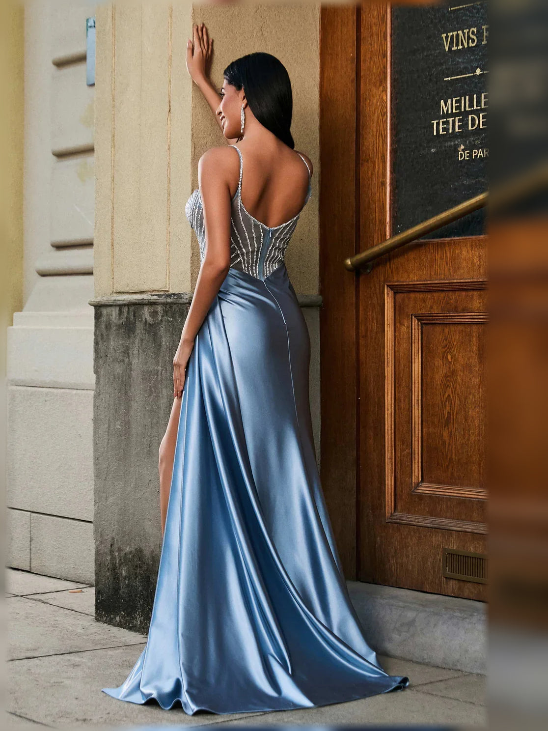 Light blue satin sweetheart formal dress with beaded back and floor-length slit