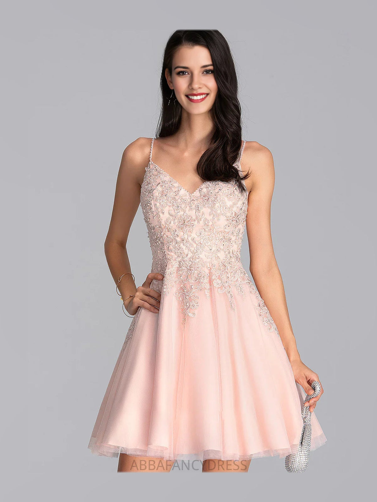Blush pink corset mini dress with beaded floral detailing and A-line tulle skirt, thin straps
