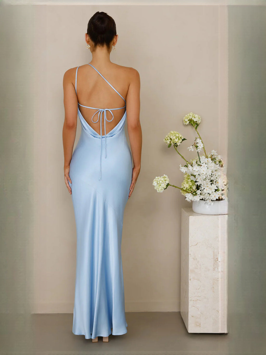 Blue one-shoulder satin maxi dress, open-back crisscross tie straps