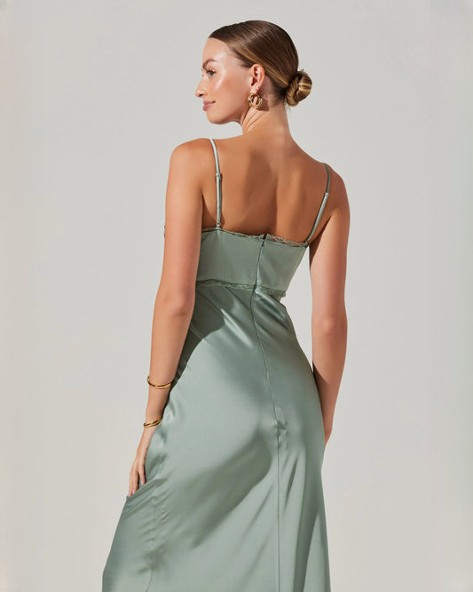 Sage green satin A-line maxi bridesmaid dress, ruched bodice, spaghetti straps (back view)