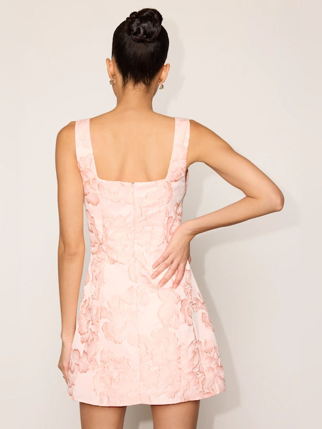 Light pink floral mini dress, sleeveless square back with adjustable straps
