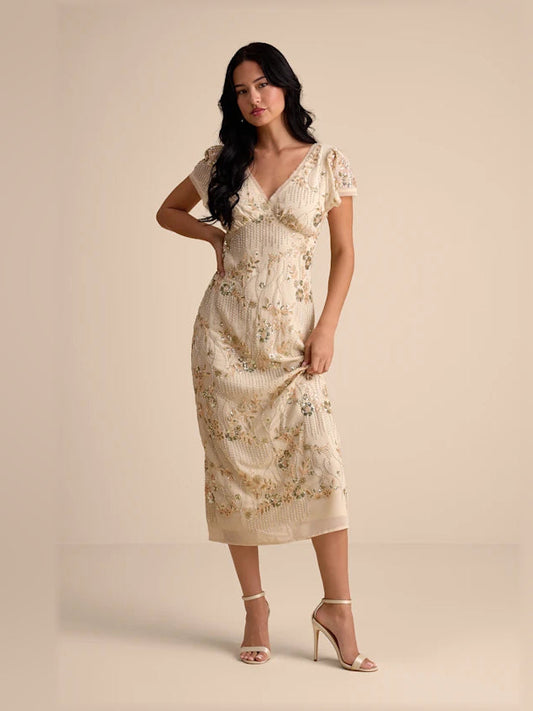 Beige midi formal dress with sequins, alternate view