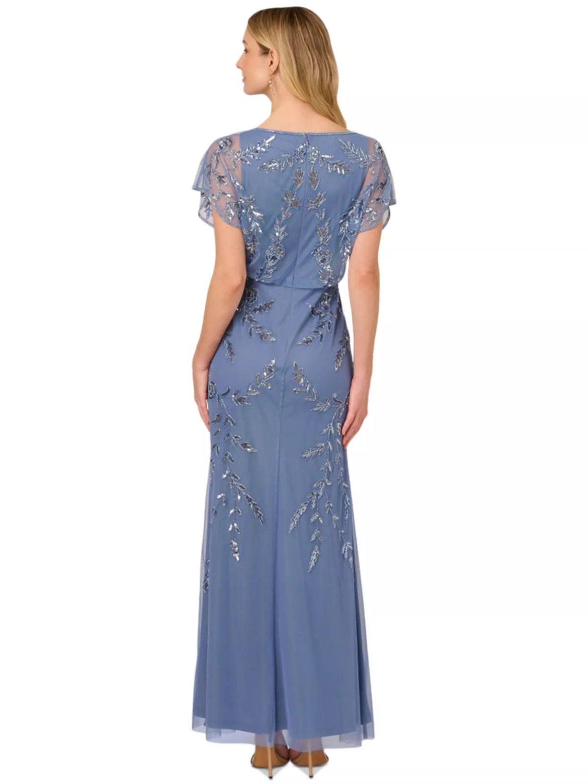 Dusty blue beaded sheath maxi dress shown from the back with short flutter sleeves